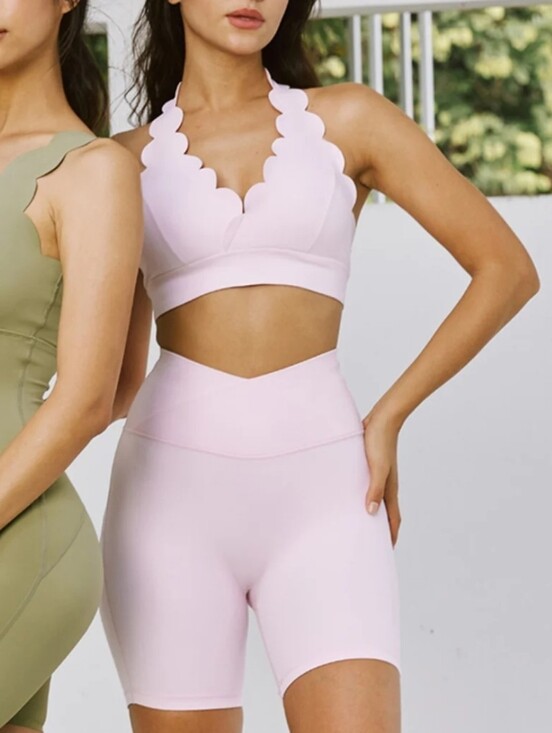 Wiskii Pants - Women’s Pink Scalloped Halter Romper Jumpsuit